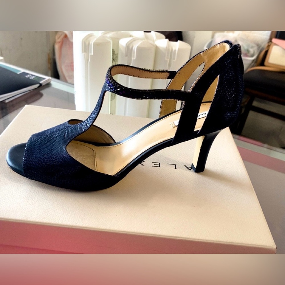 Alex Marie Dark Navy T-Strap Mid-Heel Sandals
